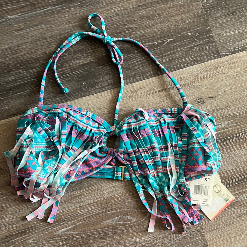 NWT Roxy blue pink print fringe bandeau bikini swim top M